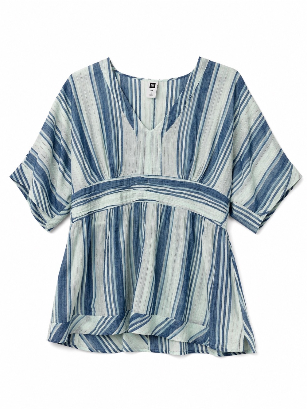 GAP Blue Stripe Peplum Blouse Medium Coastal Boho Gauze V-Neck Beach Top